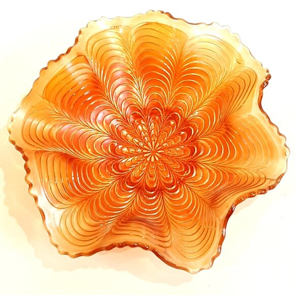 Vintage Fenton Peacock Tail Marigold Carnival Glass Bowl Ruffled Edges Feathers - Picture 7 of 7